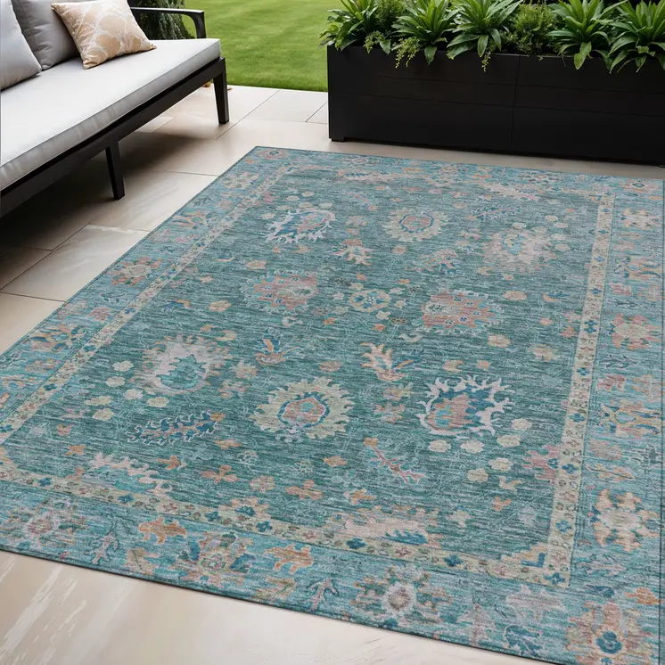 5' X 8' Teal Blue And Beige Floral Washable Indoor Outdoor Area Rug