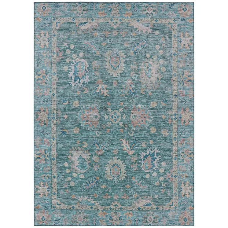5' X 8' Teal Blue And Beige Floral Washable Indoor Outdoor Area Rug