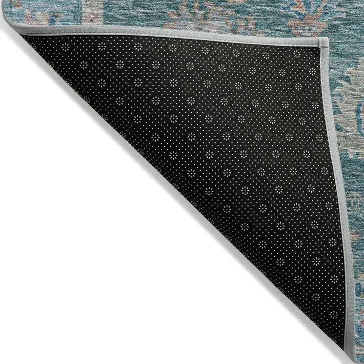 5' X 8' Teal Blue And Beige Floral Washable Indoor Outdoor Area Rug