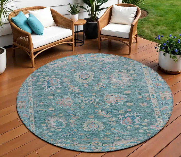 8' Teal Blue And Beige Round Floral Washable Indoor Outdoor Area Rug