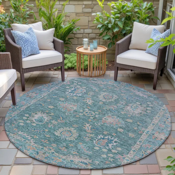 8' Teal Blue And Beige Round Floral Washable Indoor Outdoor Area Rug