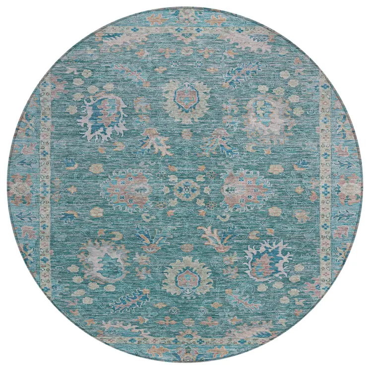 8' Teal Blue And Beige Round Floral Washable Indoor Outdoor Area Rug
