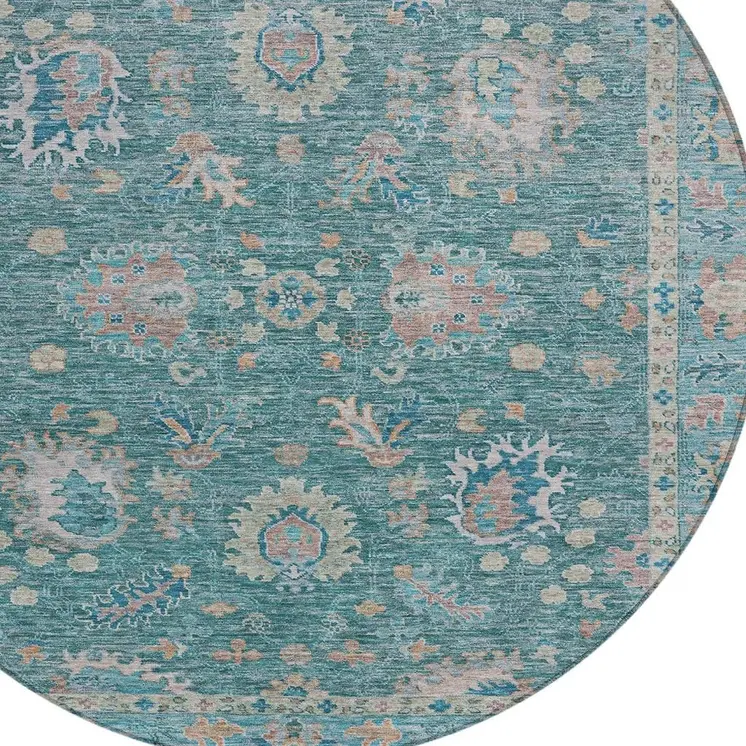 8' Teal Blue And Beige Round Floral Washable Indoor Outdoor Area Rug