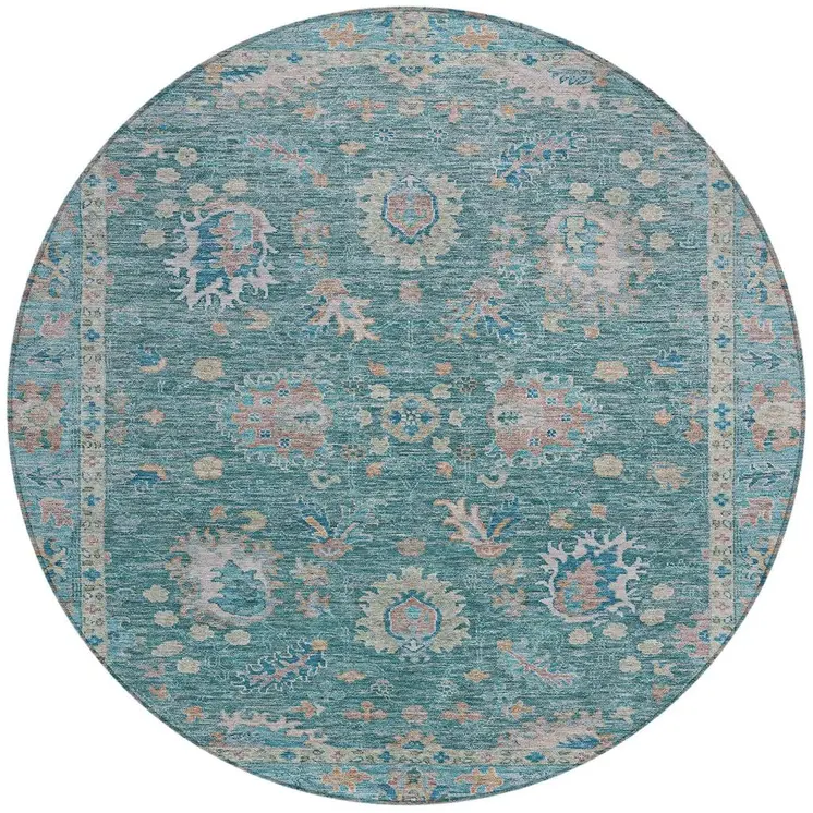 8' Teal Blue And Beige Round Floral Washable Indoor Outdoor Area Rug