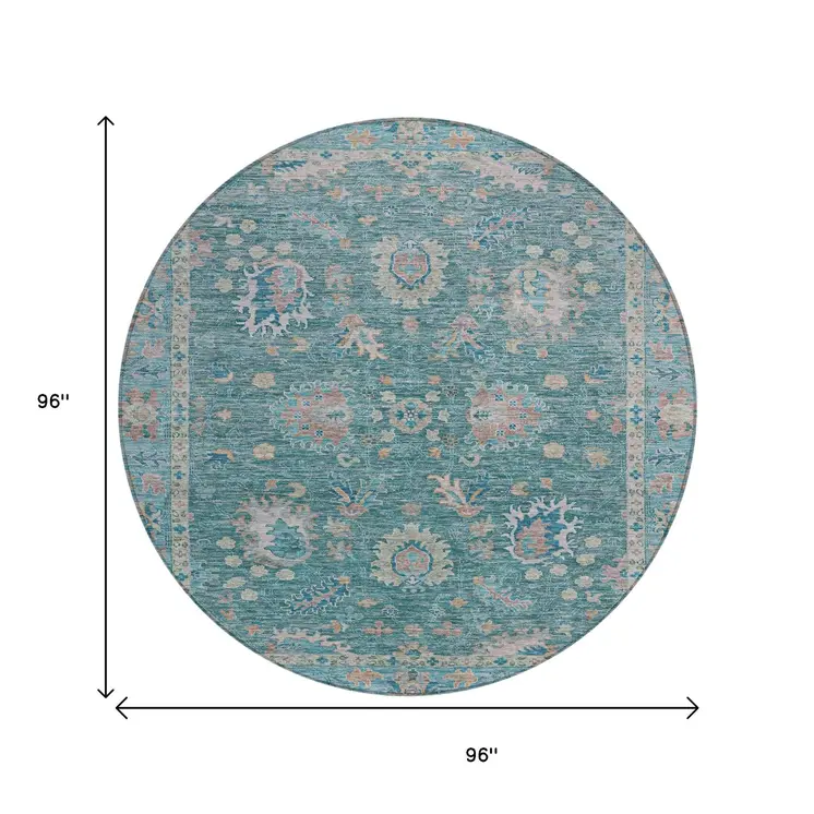8' Teal Blue And Beige Round Floral Washable Indoor Outdoor Area Rug