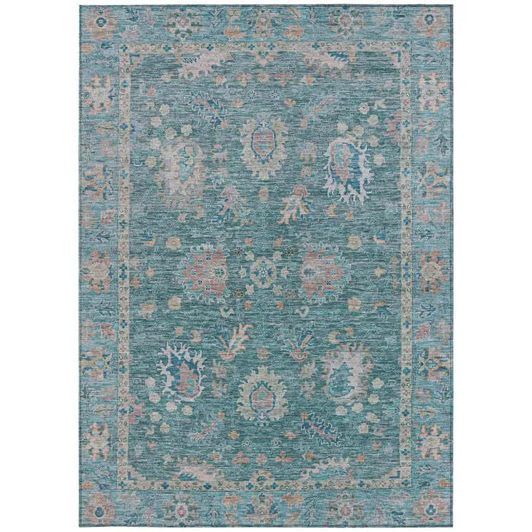 8' X 10' Teal Blue And Beige Floral Washable Indoor Outdoor Area Rug