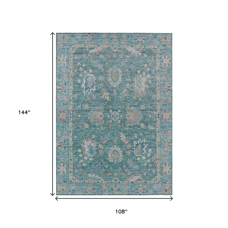 9' X 12' Teal Blue And Beige Floral Washable Indoor Outdoor Area Rug