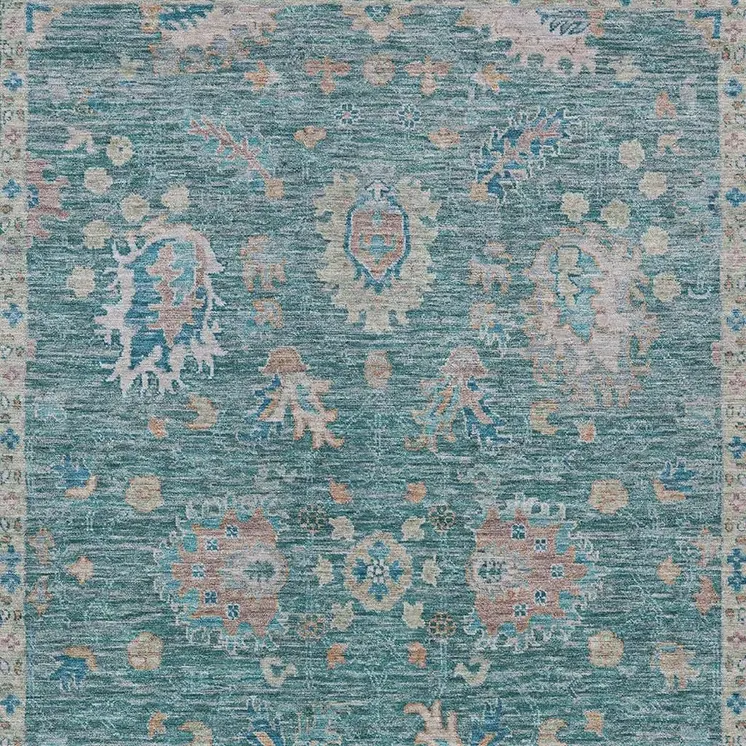 9' X 12' Teal Blue And Beige Floral Washable Indoor Outdoor Area Rug