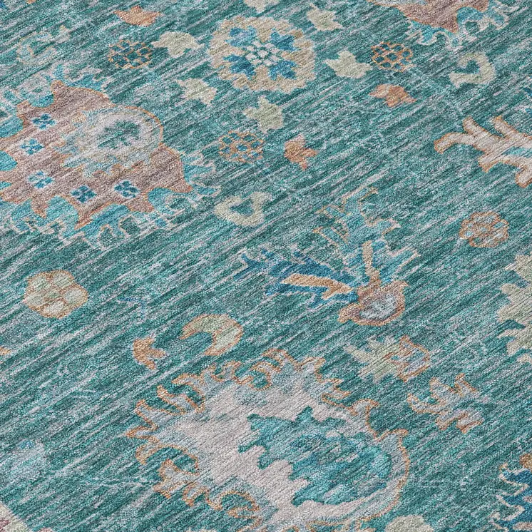 9' X 12' Teal Blue And Beige Floral Washable Indoor Outdoor Area Rug