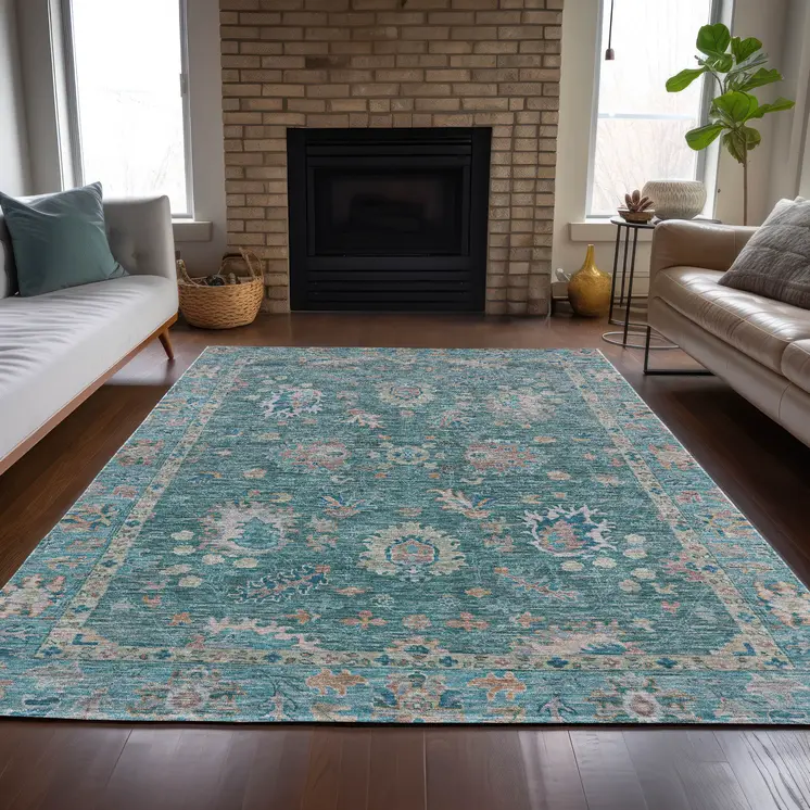 9' X 12' Teal Blue And Beige Floral Washable Indoor Outdoor Area Rug