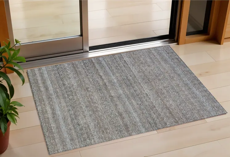 3' X 5' Brown And Beige Striped Washable Indoor Outdoor Area Rug