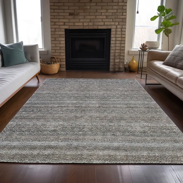 10' X 14' Brown And Beige Striped Washable Indoor Outdoor Area Rug