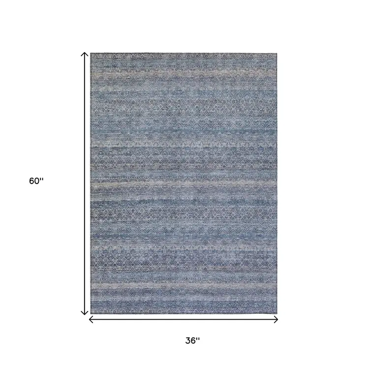 3' X 5' Blue And Sky Blue Striped Washable Indoor Outdoor Area Rug
