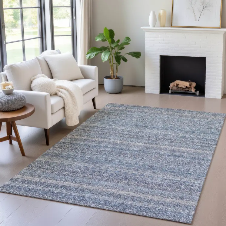 3' X 5' Blue And Sky Blue Striped Washable Indoor Outdoor Area Rug