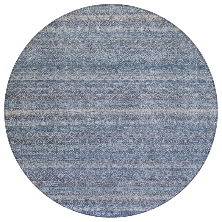 8' Blue And Sky Blue Round Striped Washable Indoor Outdoor Area Rug