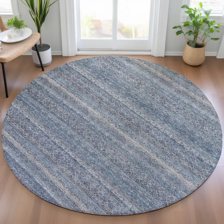 8' Blue And Sky Blue Round Striped Washable Indoor Outdoor Area Rug
