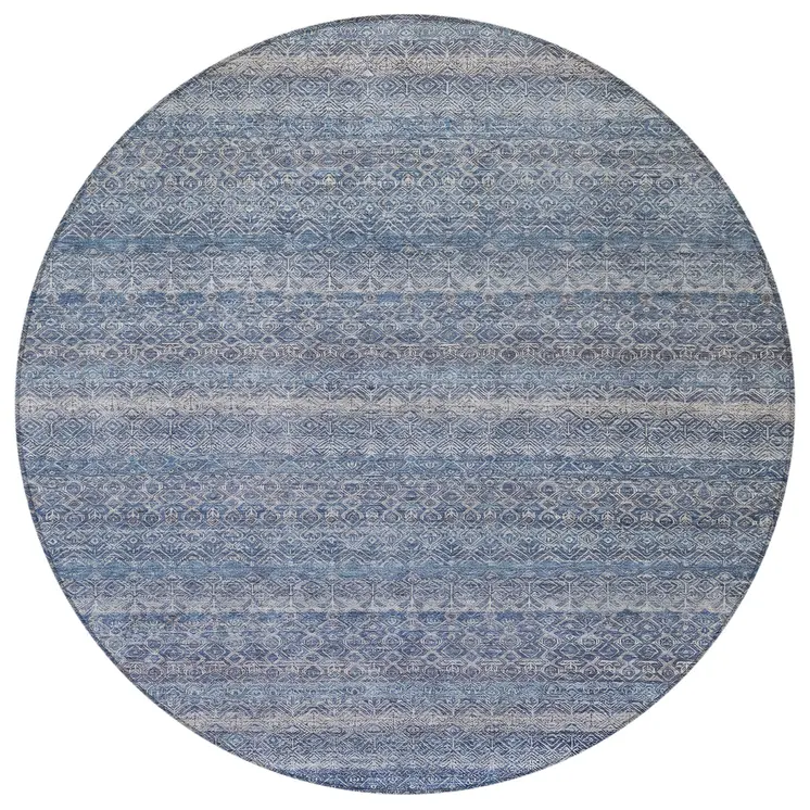 8' Blue And Sky Blue Round Striped Washable Indoor Outdoor Area Rug