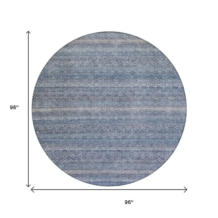 8' Blue And Sky Blue Round Striped Washable Indoor Outdoor Area Rug