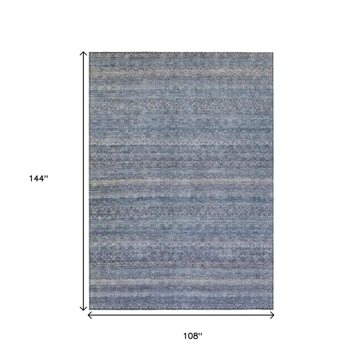 9' X 12' Blue And Sky Blue Striped Washable Indoor Outdoor Area Rug