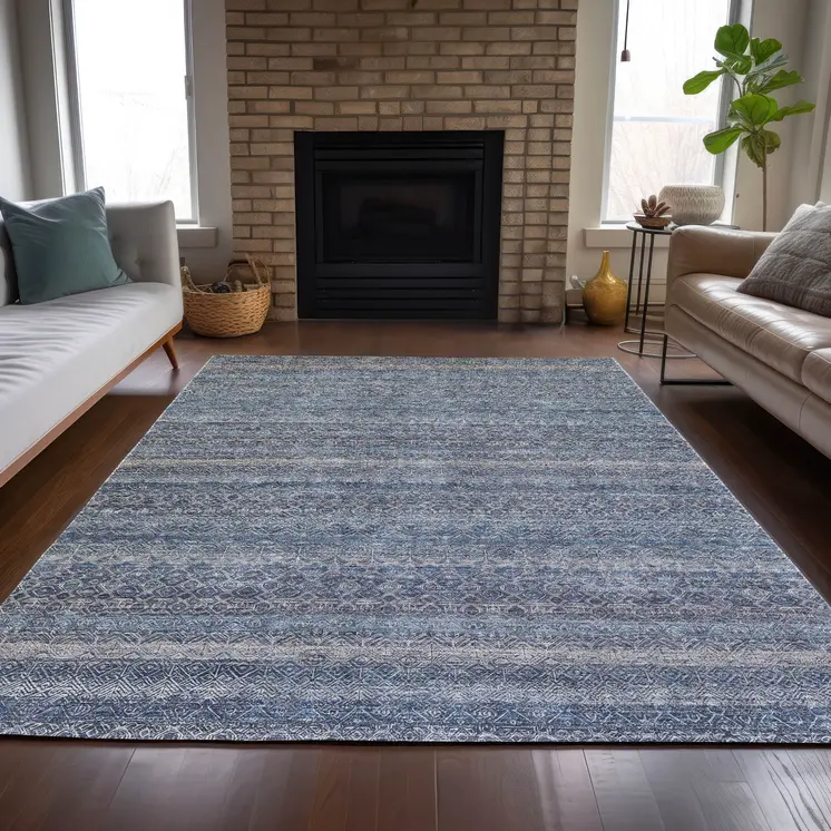 9' X 12' Blue And Sky Blue Striped Washable Indoor Outdoor Area Rug