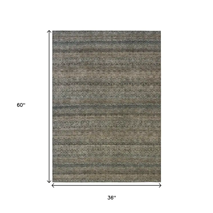 3' X 5' Chocolate And Gray Striped Washable Indoor Outdoor Area Rug