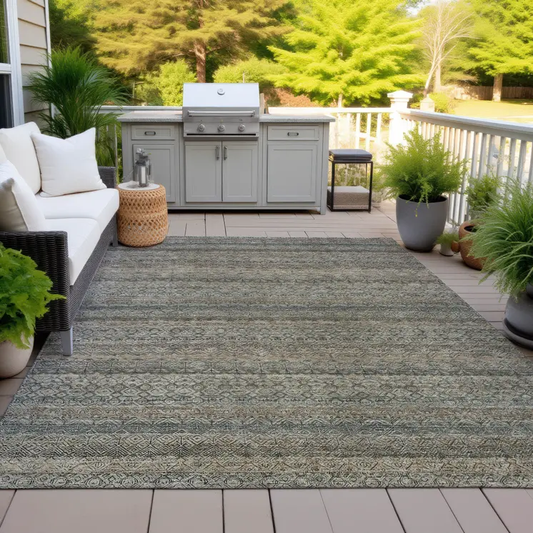 5' X 8' Chocolate And Gray Striped Washable Indoor Outdoor Area Rug