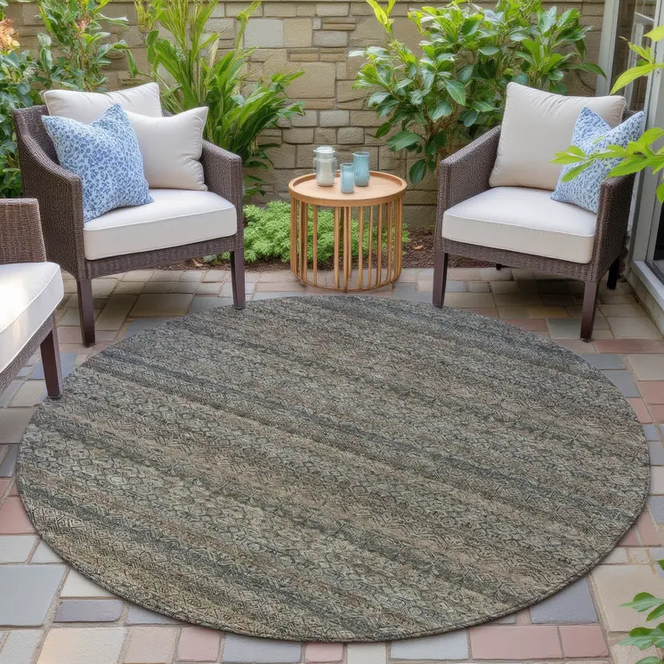 8' Chocolate And Gray Round Striped Washable Indoor Outdoor Area Rug