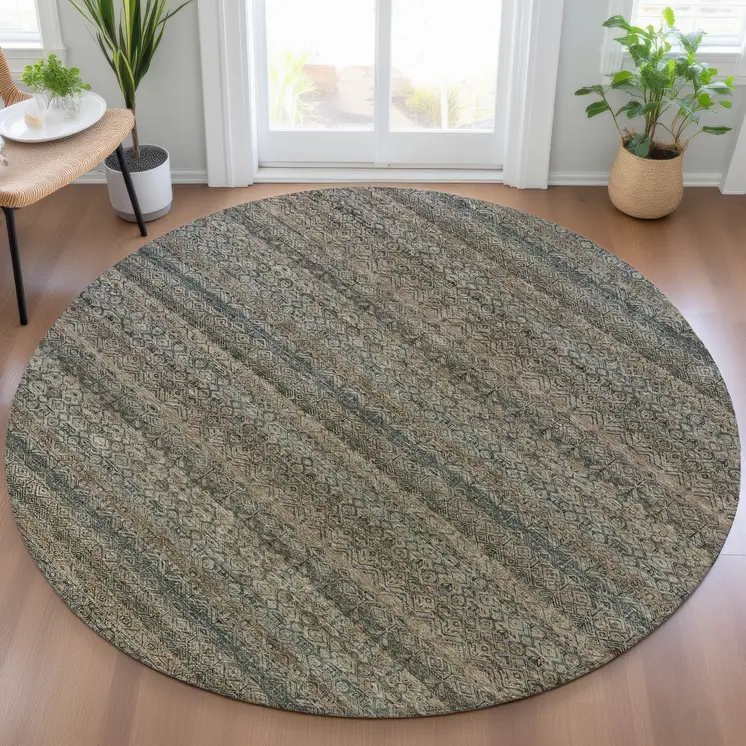 8' Chocolate And Gray Round Striped Washable Indoor Outdoor Area Rug