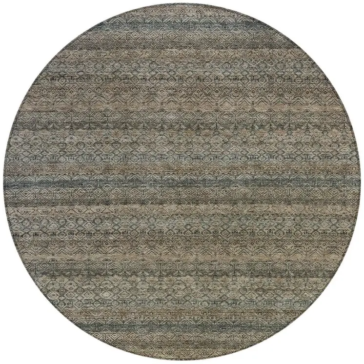 8' Chocolate And Gray Round Striped Washable Indoor Outdoor Area Rug