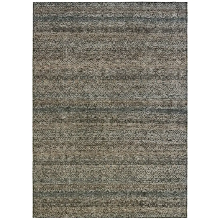 9' X 12' Chocolate And Gray Striped Washable Indoor Outdoor Area Rug