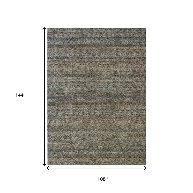 9' X 12' Chocolate And Gray Striped Washable Indoor Outdoor Area Rug