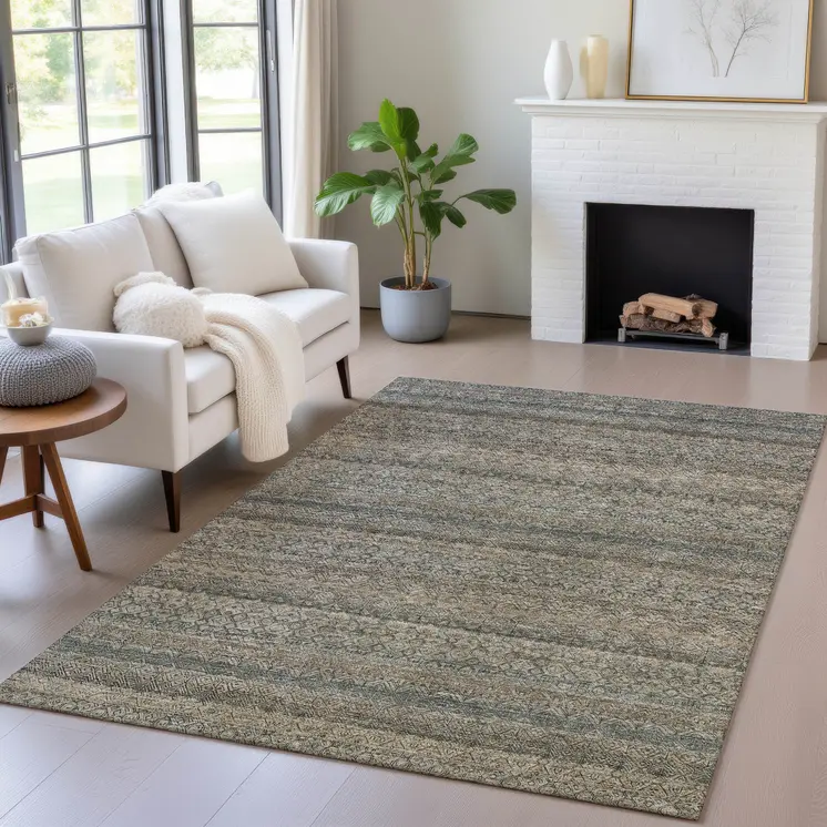 9' X 12' Chocolate And Gray Striped Washable Indoor Outdoor Area Rug