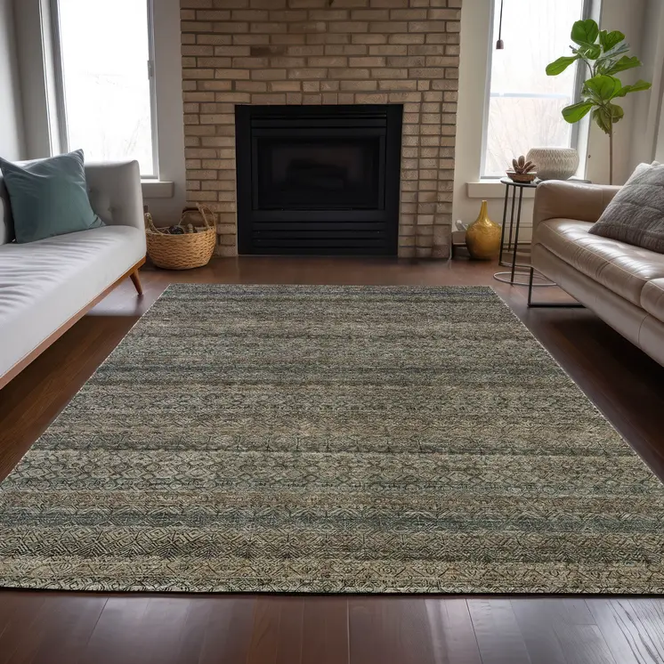 9' X 12' Chocolate And Gray Striped Washable Indoor Outdoor Area Rug
