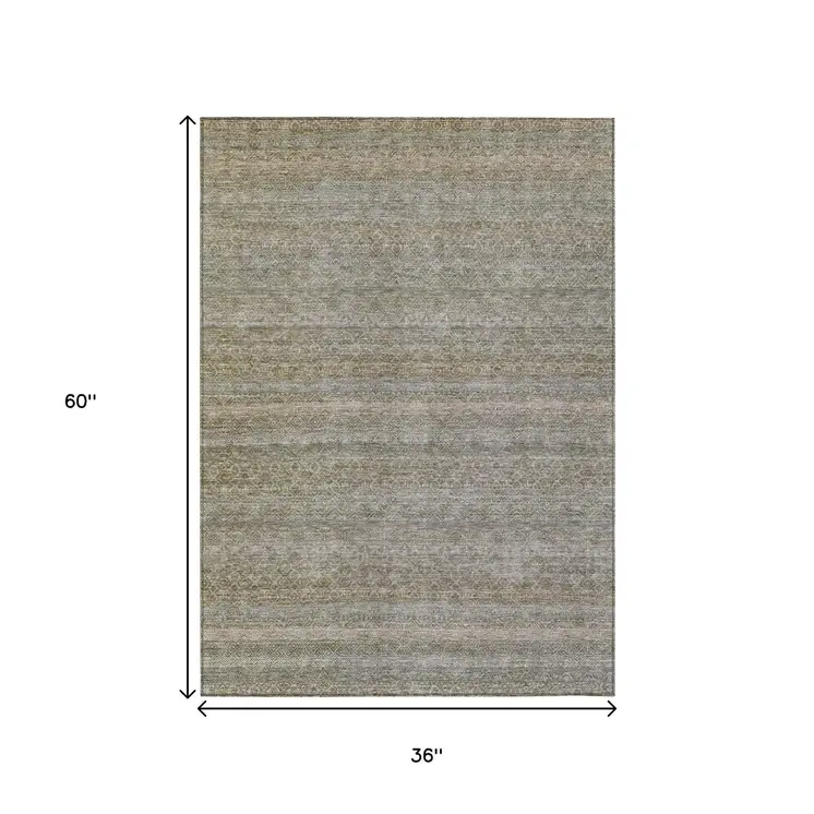 3' X 5' Khaki And Beige Striped Washable Indoor Outdoor Area Rug