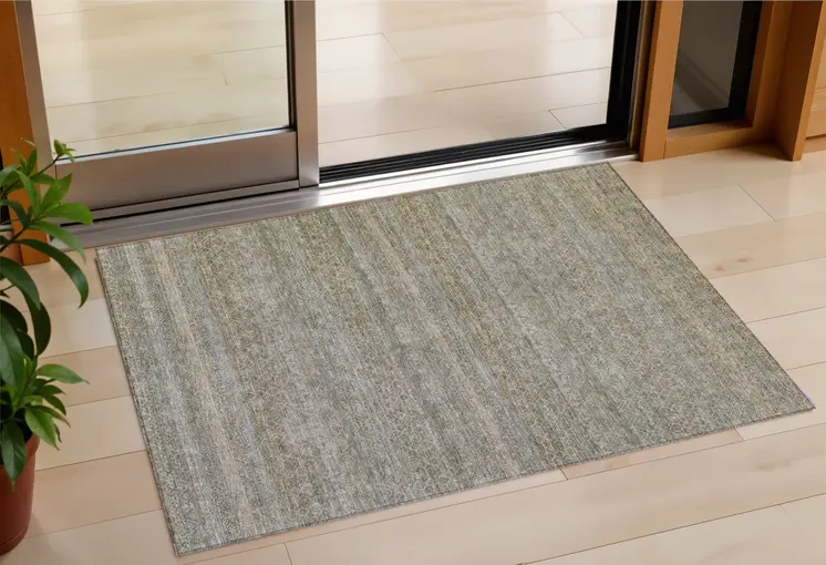 3' X 5' Khaki And Beige Striped Washable Indoor Outdoor Area Rug