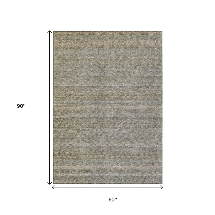 5' X 8' Khaki And Beige Striped Washable Indoor Outdoor Area Rug