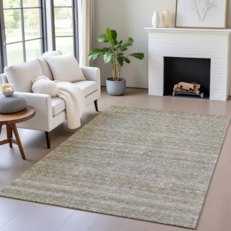 5' X 8' Khaki And Beige Striped Washable Indoor Outdoor Area Rug