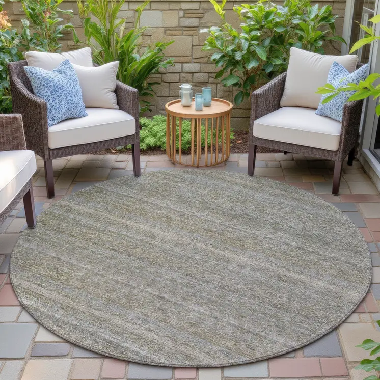 8' Khaki And Beige Round Striped Washable Indoor Outdoor Area Rug