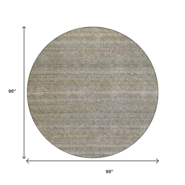 8' Khaki And Beige Round Striped Washable Indoor Outdoor Area Rug