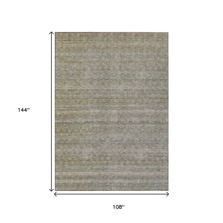 9' X 12' Khaki And Beige Striped Washable Indoor Outdoor Area Rug