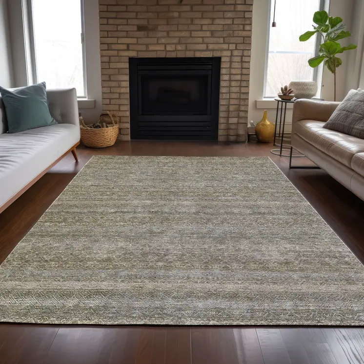 9' X 12' Khaki And Beige Striped Washable Indoor Outdoor Area Rug