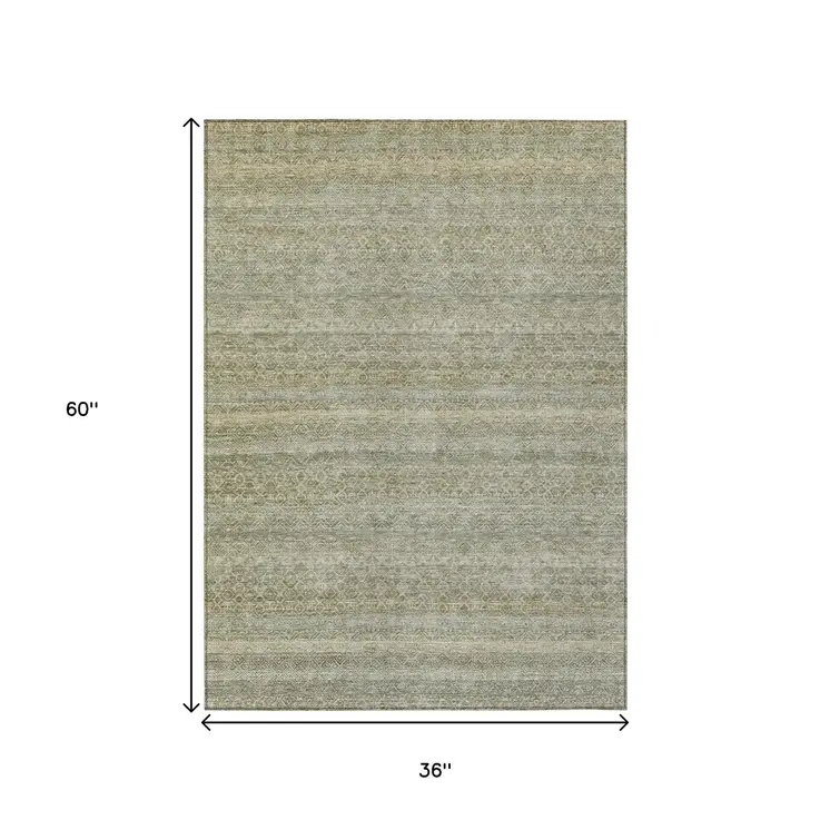 3' X 5' Linen And Beige Striped Washable Indoor Outdoor Area Rug
