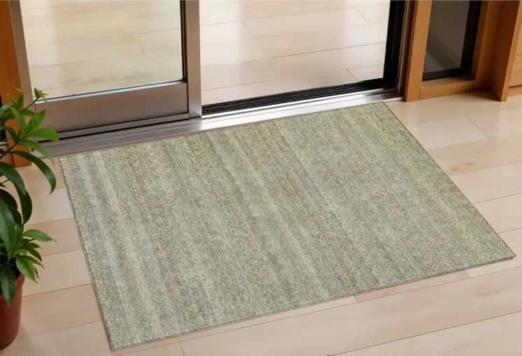 3' X 5' Linen And Beige Striped Washable Indoor Outdoor Area Rug