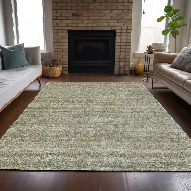 3' X 5' Linen And Beige Striped Washable Indoor Outdoor Area Rug