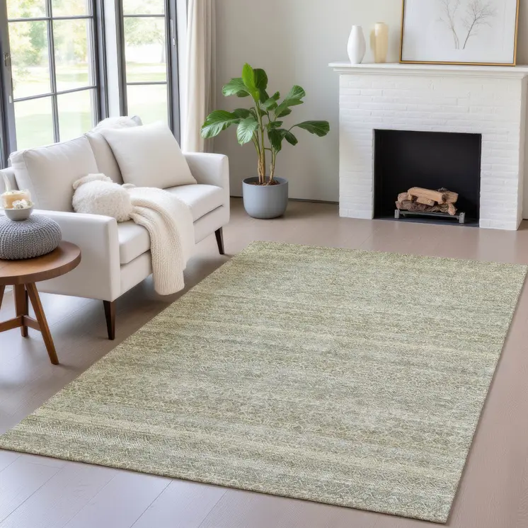 5' X 8' Linen And Beige Striped Washable Indoor Outdoor Area Rug