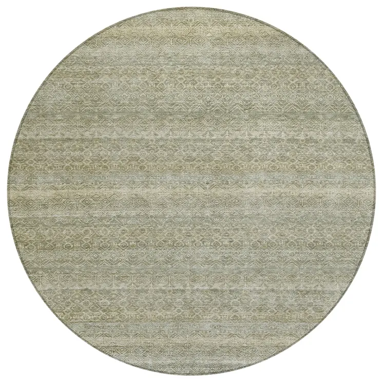 8' Linen And Beige Round Striped Washable Indoor Outdoor Area Rug