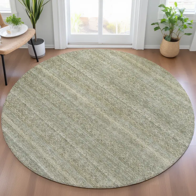 8' Linen And Beige Round Striped Washable Indoor Outdoor Area Rug