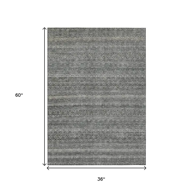 3' X 5' Pewter And Gray Striped Washable Indoor Outdoor Area Rug