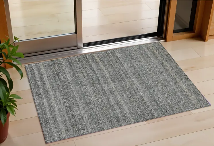 3' X 5' Pewter And Gray Striped Washable Indoor Outdoor Area Rug