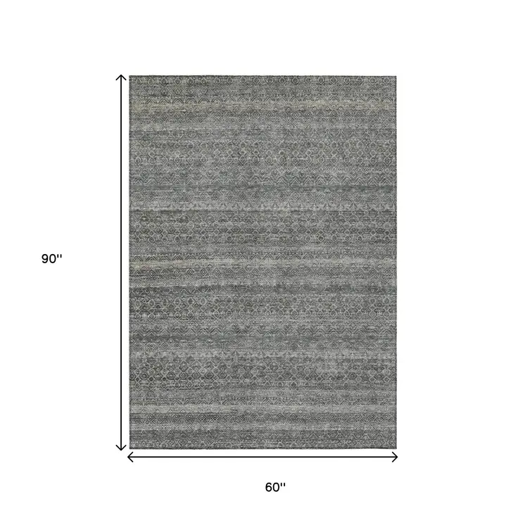 5' X 8' Pewter And Gray Striped Washable Indoor Outdoor Area Rug